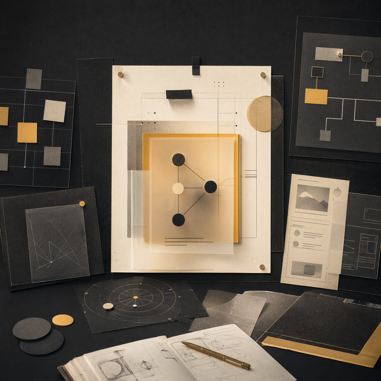 Abstract editorial composition representing AI strategy and design