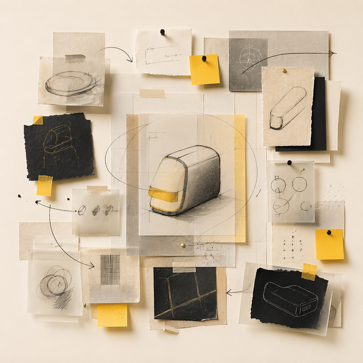 Abstract editorial composition representing product ideation