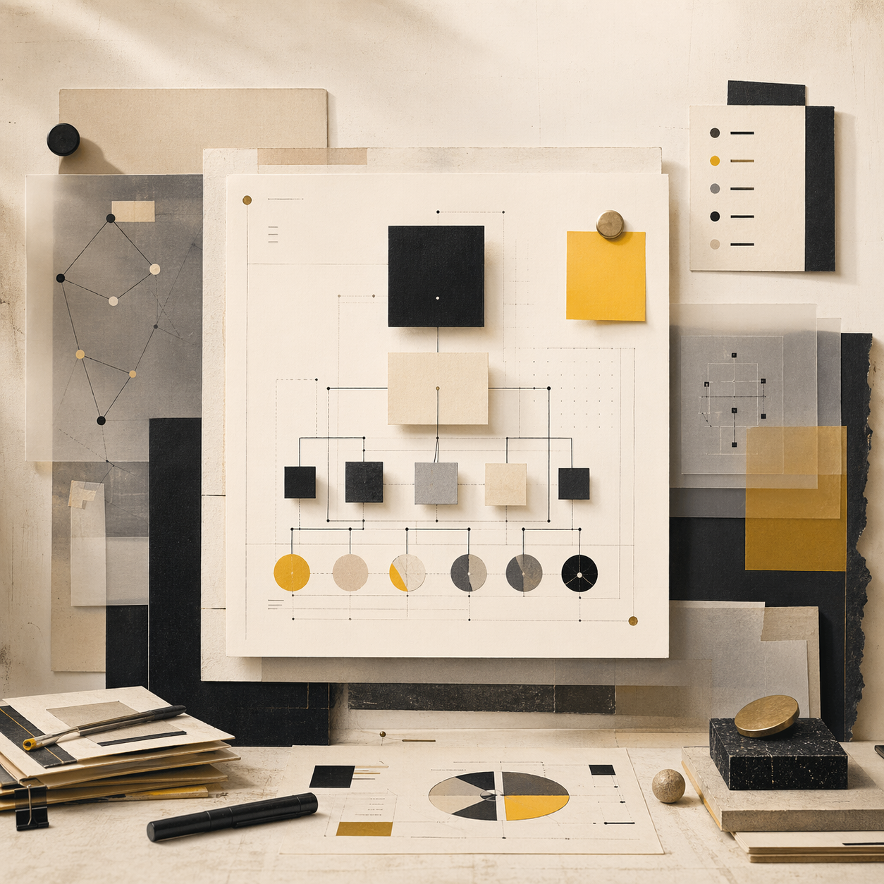 Abstract editorial composition representing startup architecture design